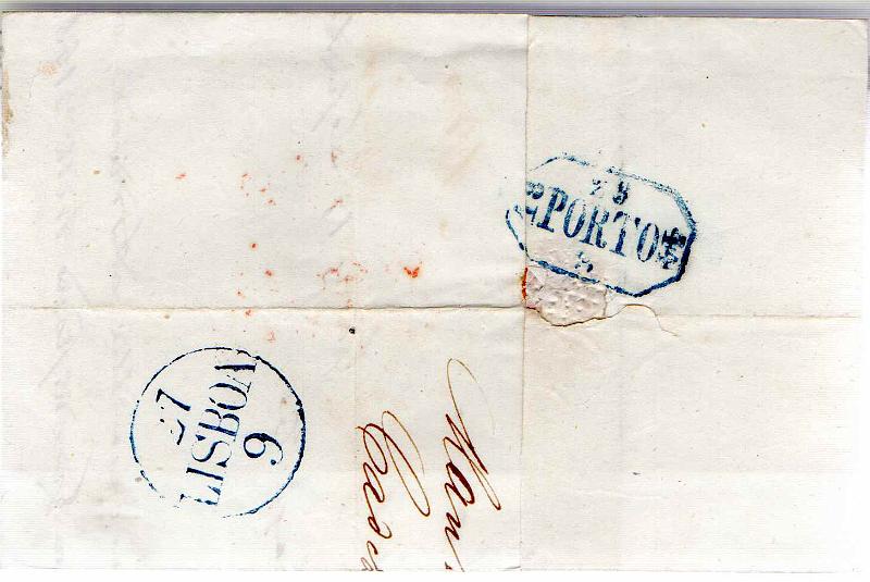 0325 v.jpg -     Lote:    325 (verso)                   Descrição:         Porto &mdash; A azul, GM PRT19 em carta remetida de Cadiz (21.09.44) para o Porto (29.09.44) com trânsito por Lisboa (27.09.44), com o porte de 90 reis batido a azul.        Carta       Valor Base:     &euro; 12,00     Valor Venda:     &euro;      